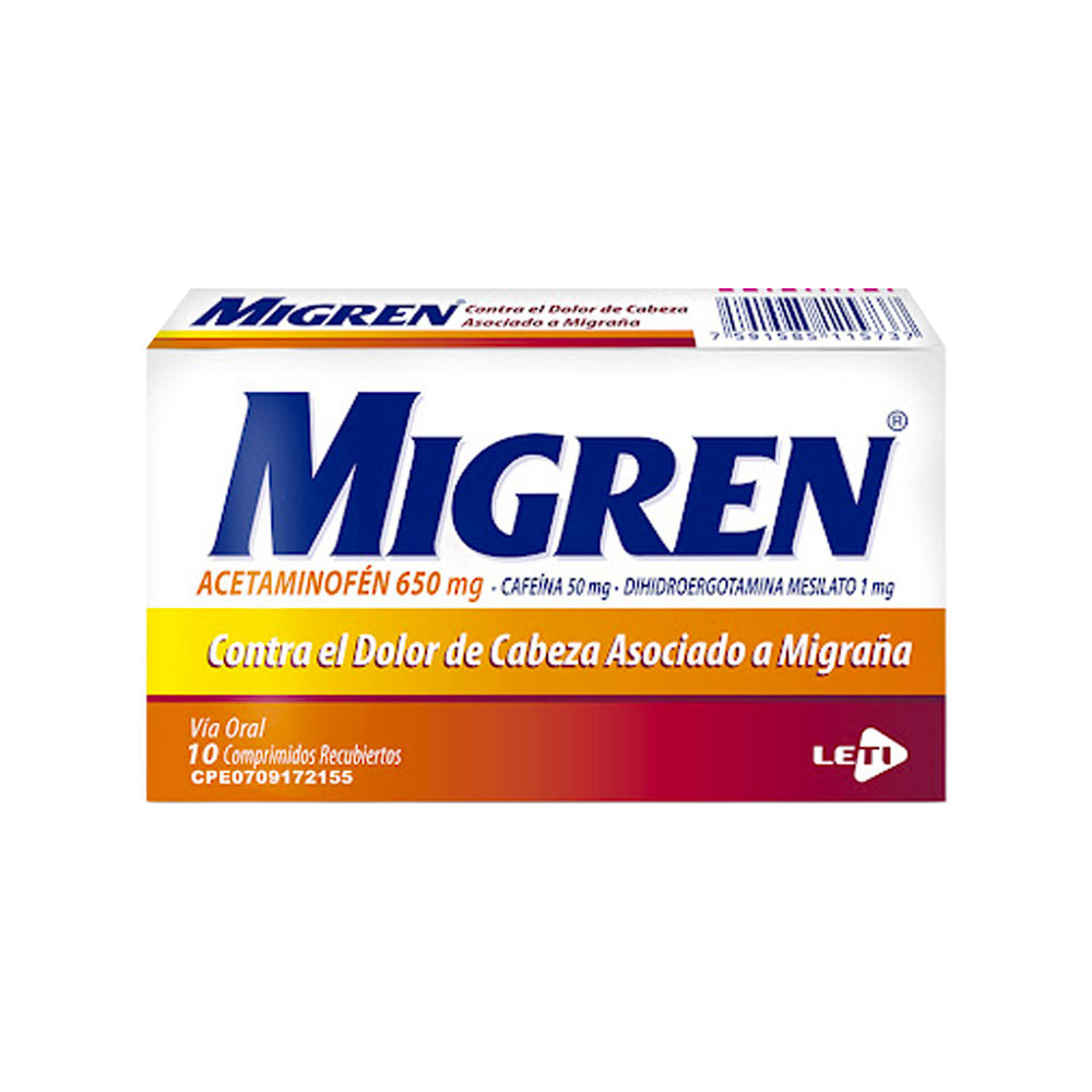 Acetaminofén + Cafeína+Dihidroergotamina Migren 650/50/1mg 20 Tabletas