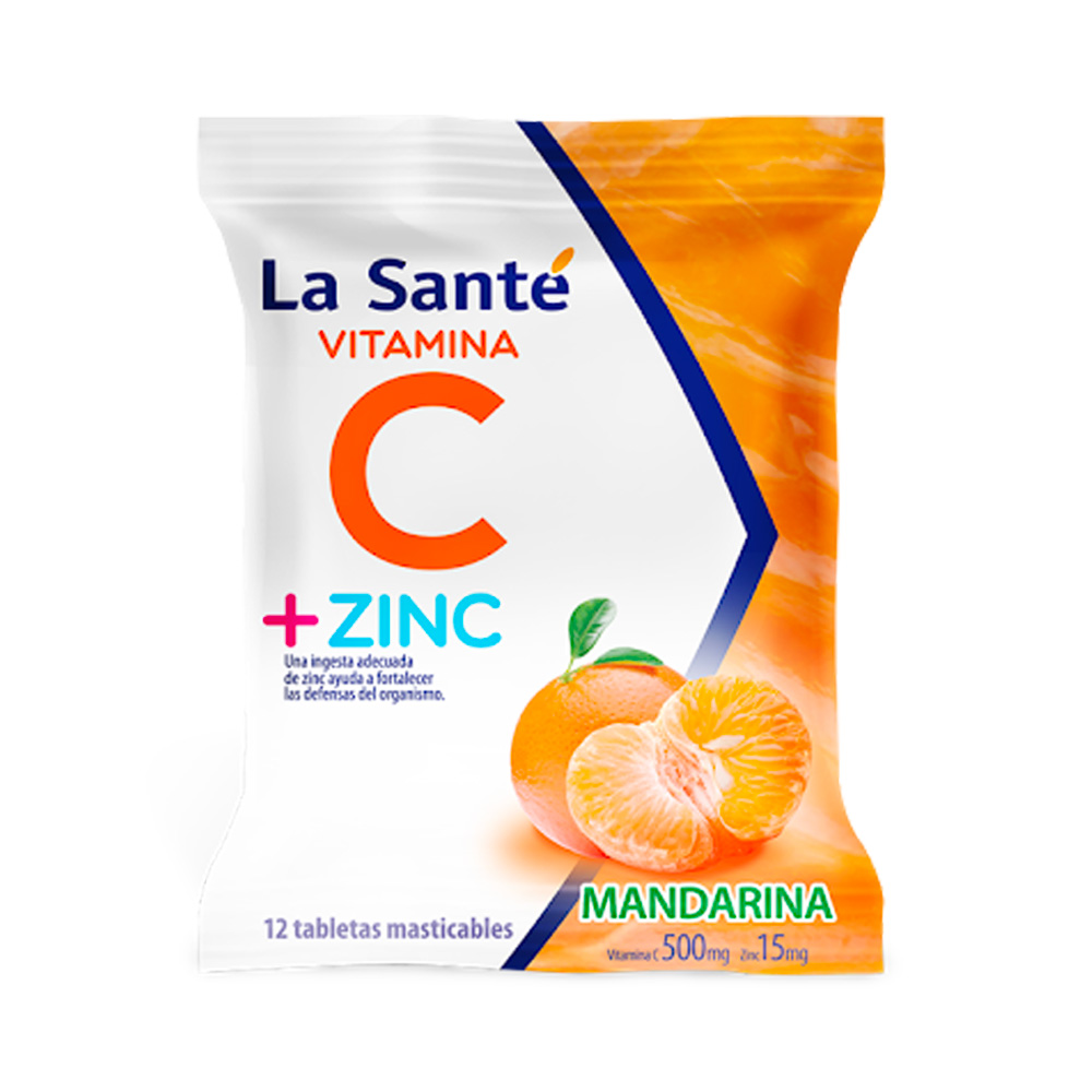 Vitamina C+Zinc La Santé 500/15mg 12 Tabletas Sabor Mandarina