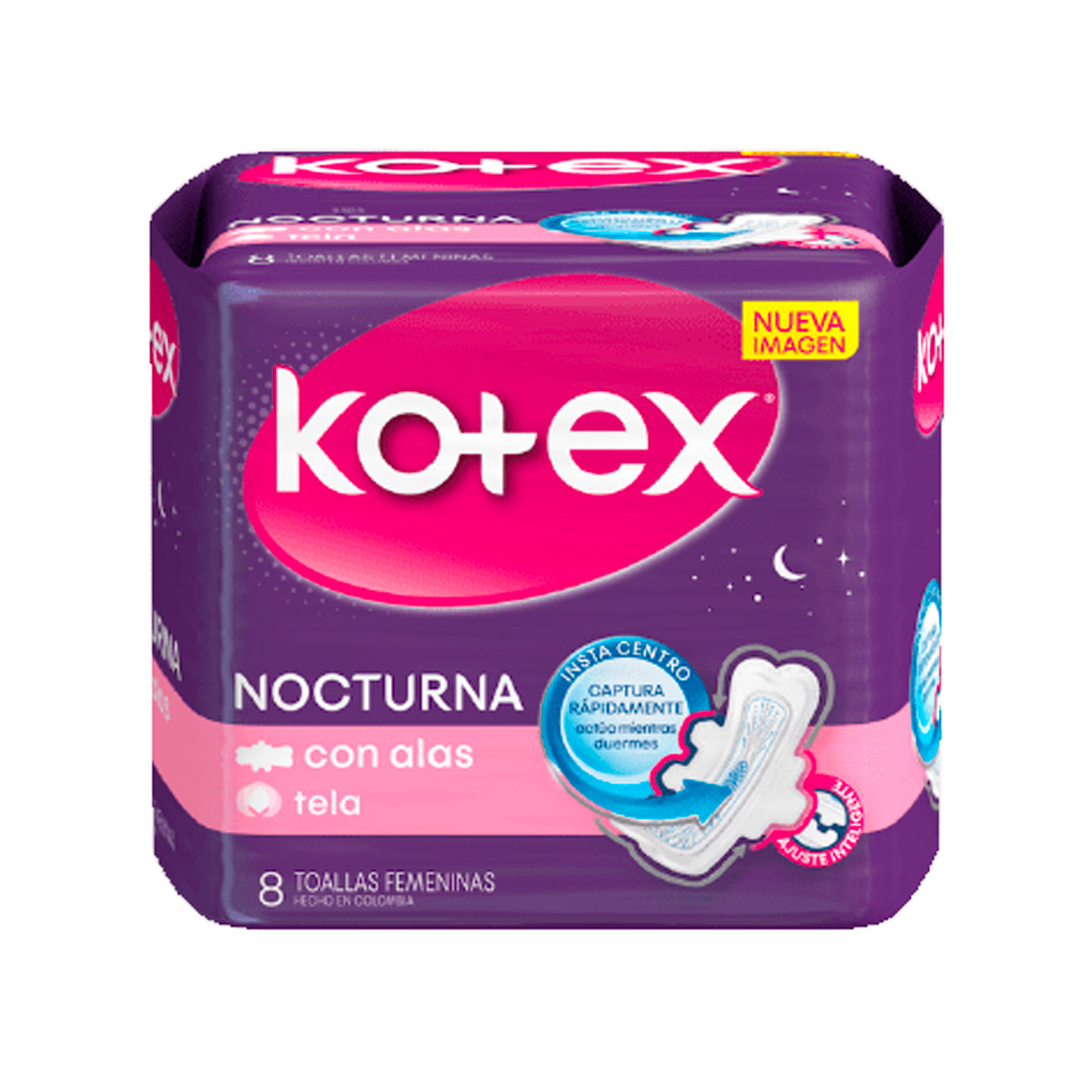 Toallas Sanitarias Kotex Nocturna con Alas Tela 8uds