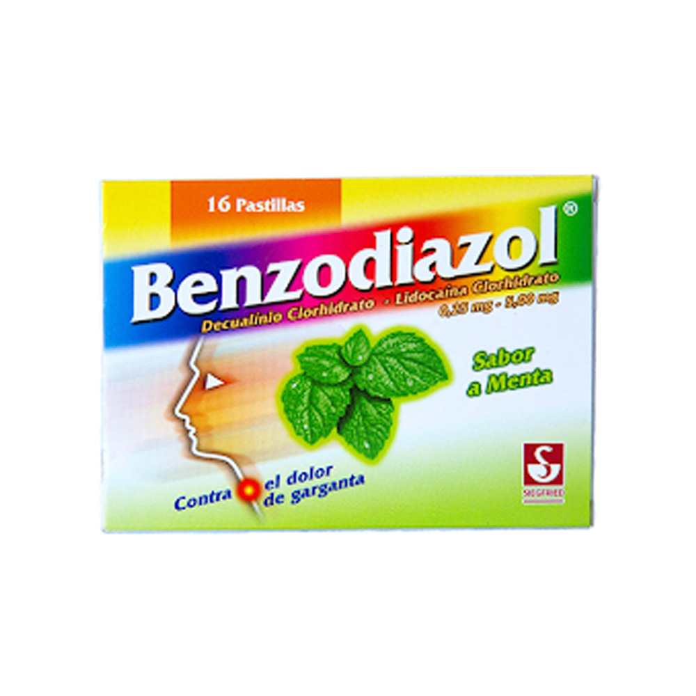 Decualinio + Lidocaína Benzodiazol 0,25/5mg 16 Tabletas Sabor Menta