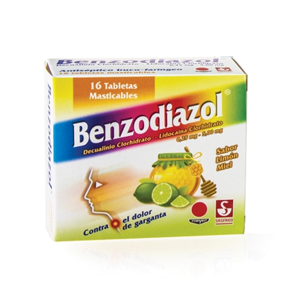 Decualinio + Lidocaína Benzodiazol 0,25/5mg 16 Tabletas Sabor Limón Miel