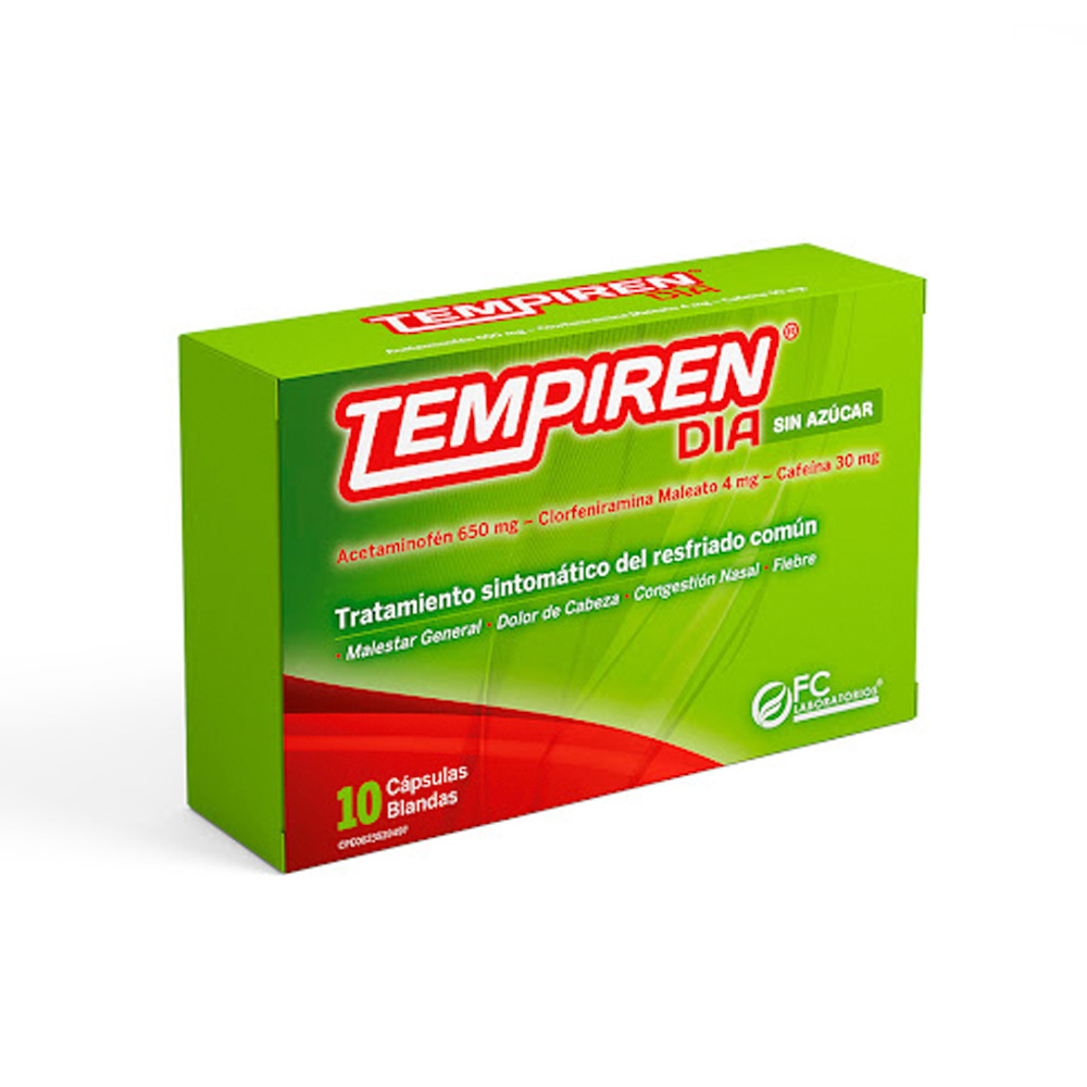 Acetaminofén + Clorfeniramina + Cafeína Tempiren Día 650/4/30mg 10 Cápsulas